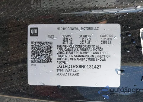 2022 Chevrolet Camaro Rwd 2Lt z USA, uszkodzony, nr VIN 1G1FD1RS8N0131427